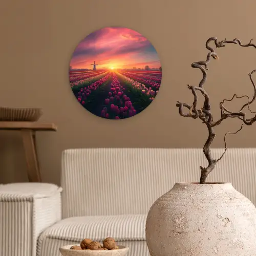 Windmolen - Zonsondergang - Landschap Wandcirkel kunststof plaat 5mm dik klein -sfeer1