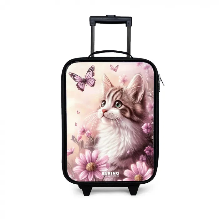 Kat - Paars - Vlinders - Bloemen Kinderkoffer - Zwart klein -3d