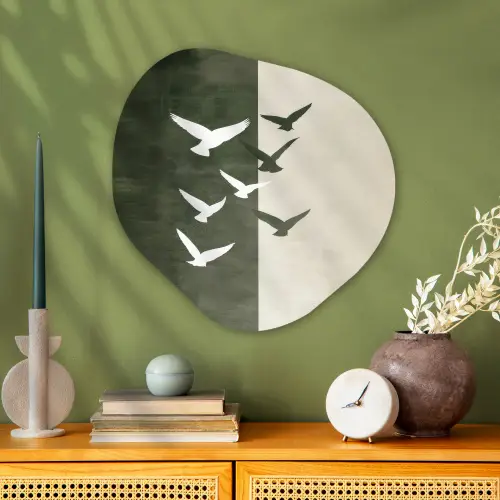Japandi - Vogel - Groen Wandcirkel Organisch Aluminium middel -sfeer2