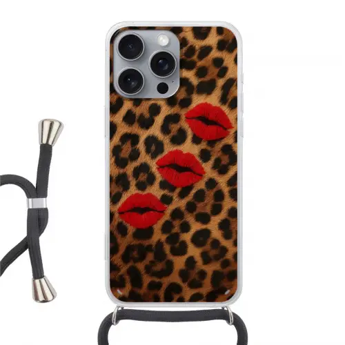 Lippen - Drie - Rood - Panterprint Hoesje iPhone 16 Pro Max met koord klein -3d