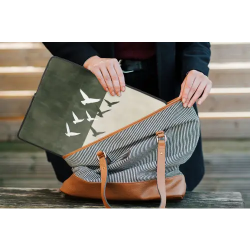 Japandi - Vogel - Groen laptophoes neopreen klein -tas