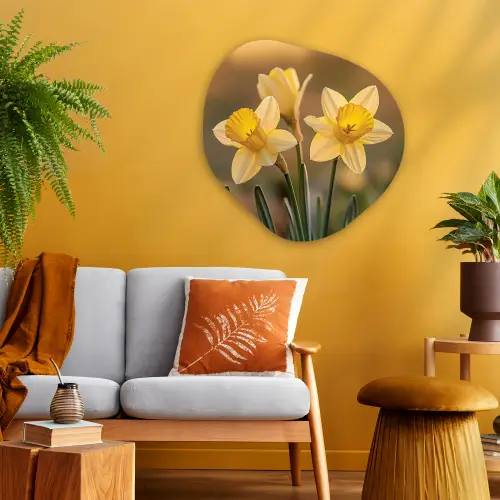 Bloemen - Geel - Wazig Wandcirkel Organisch Aluminium middel -sfeer4