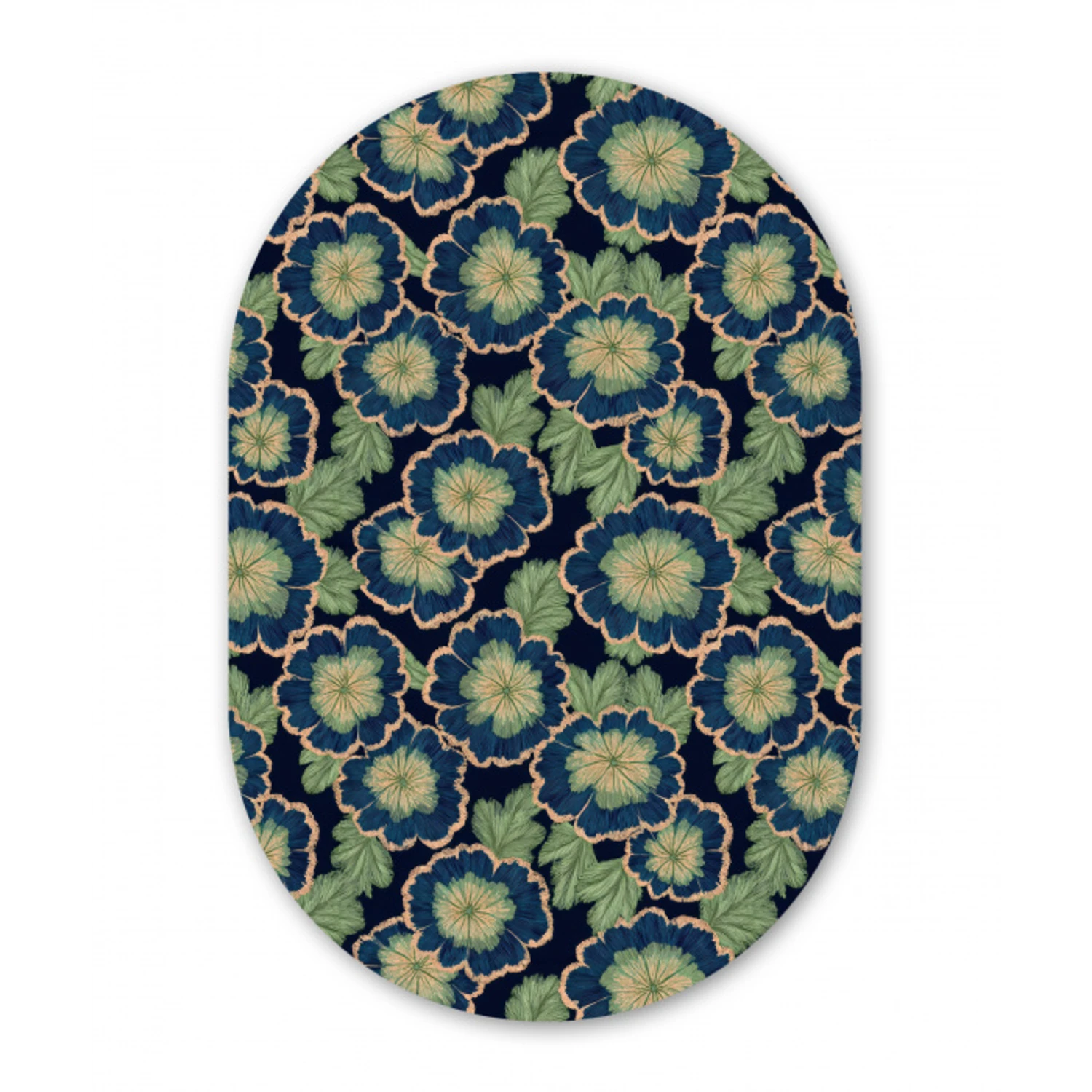 Bloemen - Borduurwerk - Patroon - Blauw - Groen Wandcirkel Ovaal Aluminium middel 839 -3d