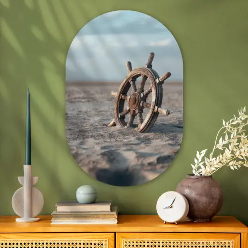 Scheepsstuur - Hout - Bruin - Zand Wandcirkel Ovaal Glas middel -sfeer2