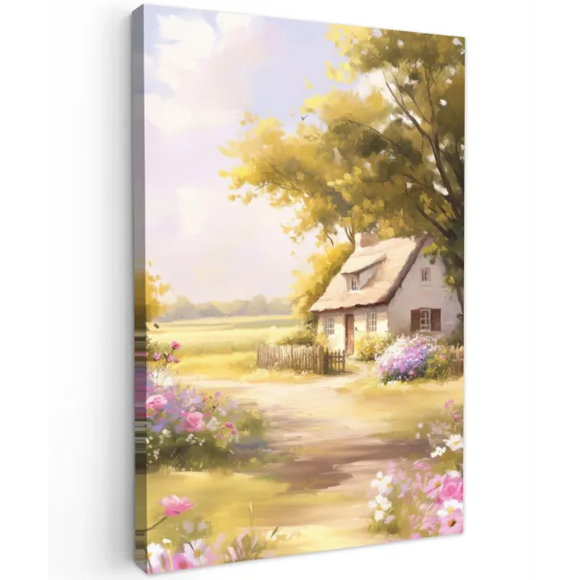 Huisje - Hout - Bloemen Tuinposter op houten frame 2 cm dik klein -3d