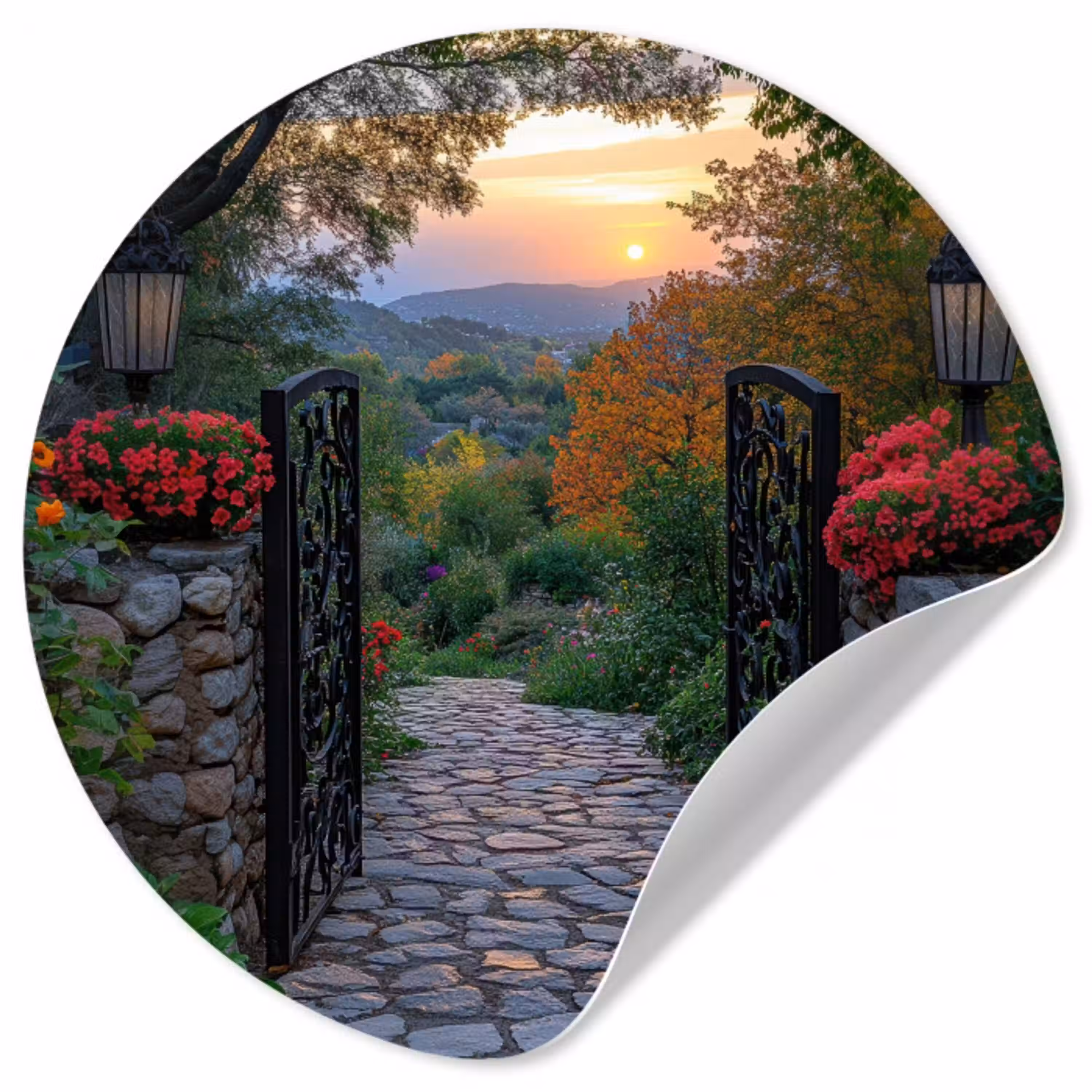 Landschap - Hek - Pad - Zonsondergang - Natuur Wandcirkel behangsticker klein -3d