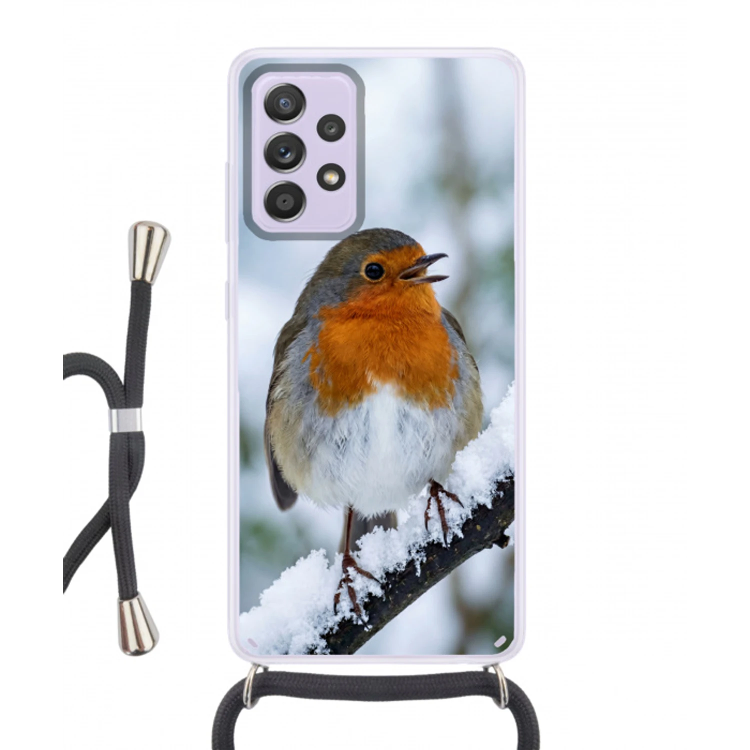 Roodborstje - Tak - Sneeuw - Winter - Levendig Hoesje Samsung Galaxy A52 5G met koord klein -3d