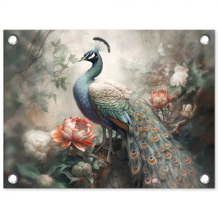 Pauw - Pauwenveren - Vogel - Jungle - Bloemen tuinposter los doek klein -3d