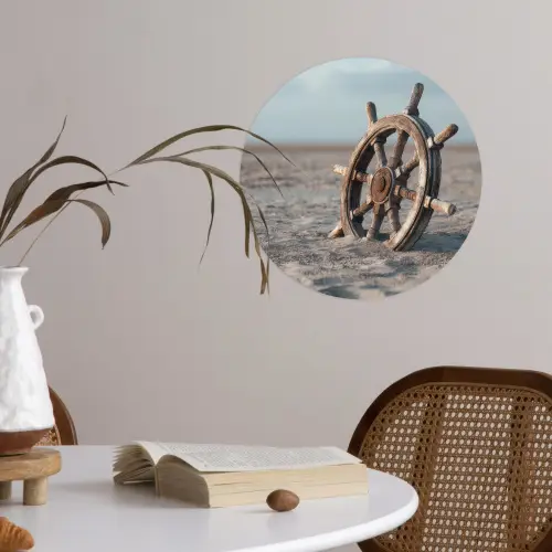 Scheepsstuur - Hout - Bruin - Zand Wandcirkel behangsticker klein -sfeer3