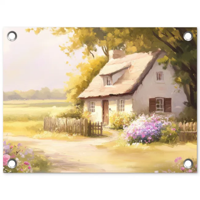 Huisje - Hout - Bloemen tuinposter los doek klein -3d