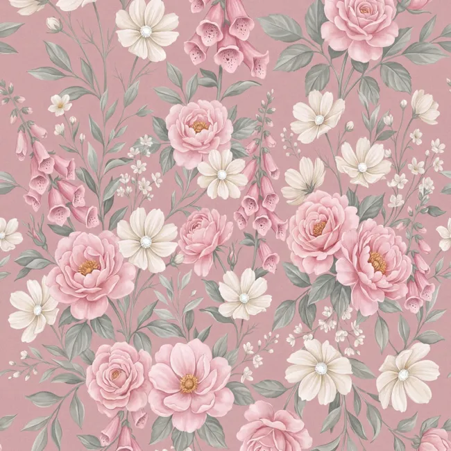 Behang - Pioenrozen - Vingerhoedskruid - Pink