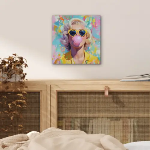 Vrouw - Blond - Roze kauwgom - Kleurrijk - Pastel aluminium wit klein -sfeer3