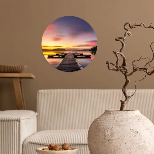 Steiger - Zonsondergang - Water - Zee - Reflectie Wandcirkel behangsticker klein -sfeer1