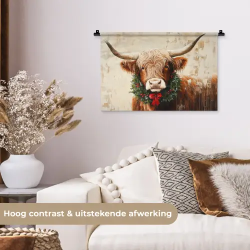 Kerst - Schotse Hooglander - Bruin - Krans Wandkleed katoen klein -sfeer1