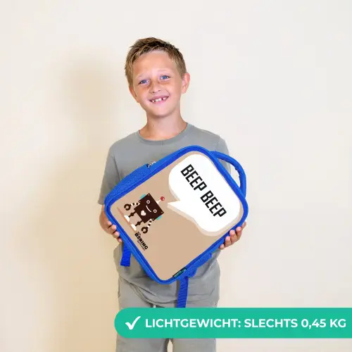 Donkerbruine robot met een tekst Kinderrugzak - Blauw middel -sfeer1_NL