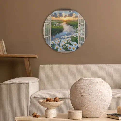 Doorkijk - Landschap - Raam - Water - Zonsondergang Akoestische PET Vilt - Rond klein -sfeer1