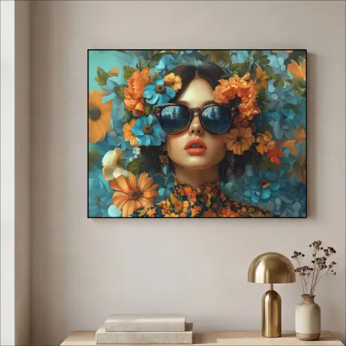 Vrouw - Bloemen - Oranje - Blauw - Modern Textielframe zwart klein -sfeer2