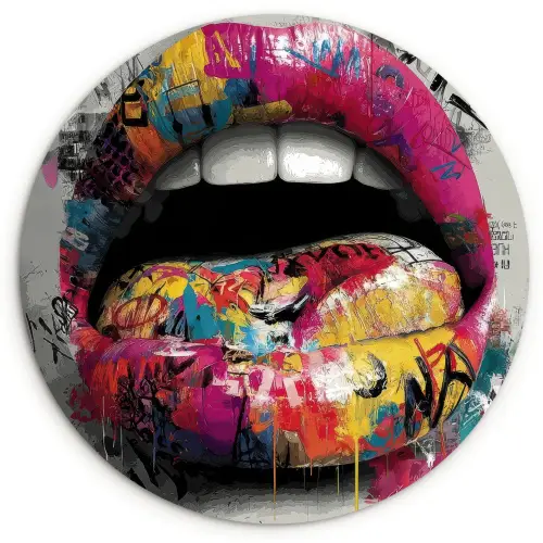 Lippen - Graffiti - Expressief Wandcirkel kunststof plaat 5mm dik klein -3d
