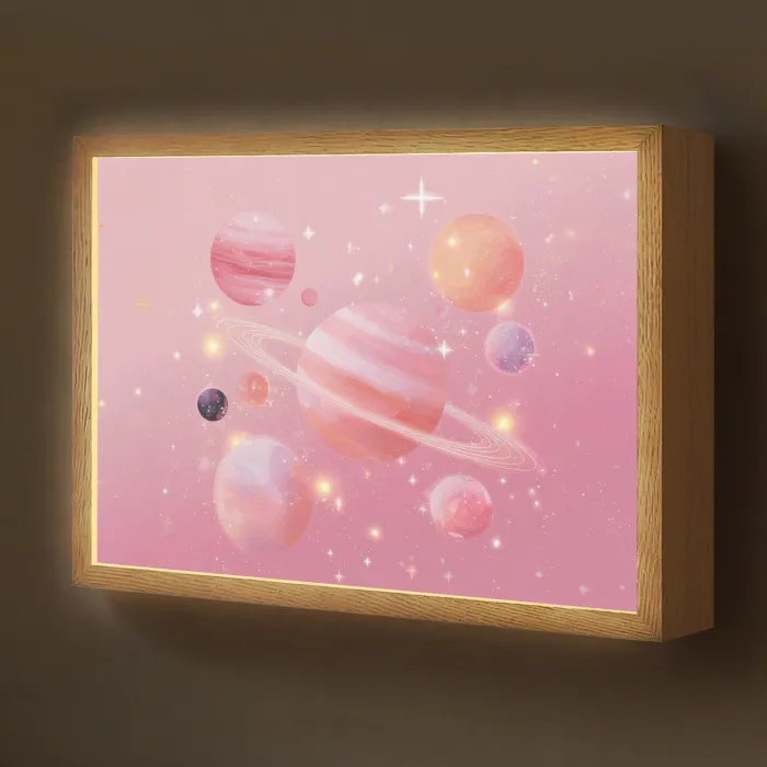 Planeten - Roze - Sterren Light Box met batterij (Wandlamp kind) middel -z3d_website