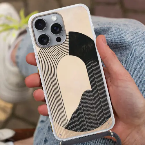 Grafisch gebogen motief - Beige Hoesje iPhone 16 Pro Max met koord klein -sfeer3
