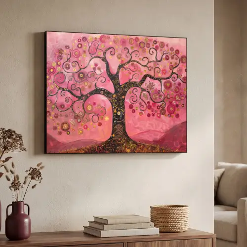 Boom - Levensboom - Roze - Goud Textielframe zwart klein -sfeer3