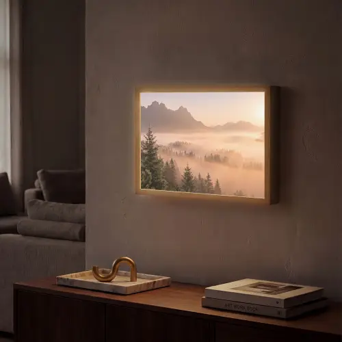 Zonlicht - Mist - Bergen - Bomen Light Box met batterij (Wandlamp) middel -sfeer1