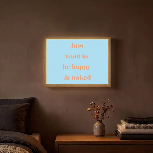 Blauw - Oranje - Just want to be happy & naked Light Box met batterij (Wandlamp) middel -sfeer4