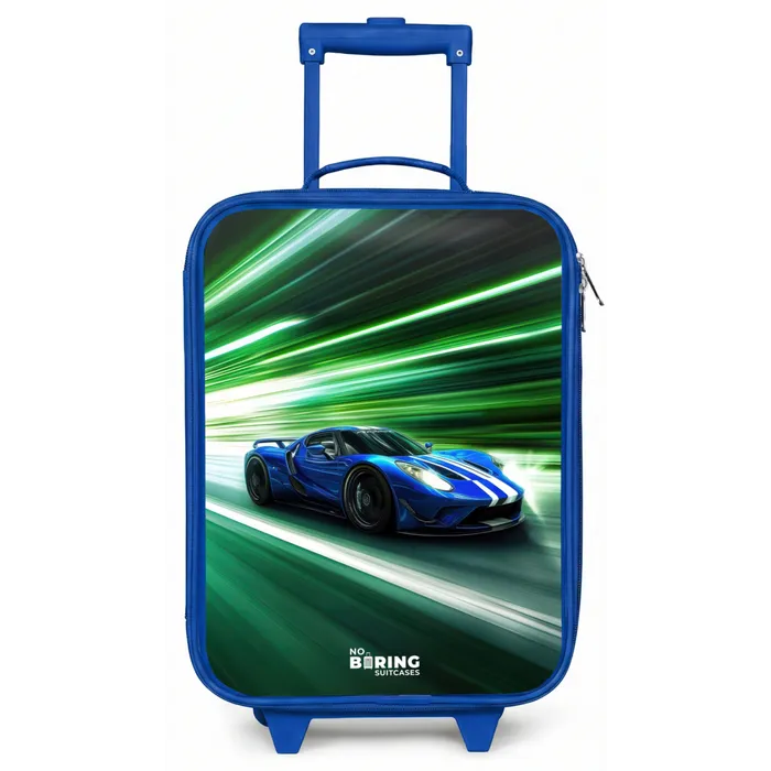 Blauwe raceauto met strepen in groene tunnel Kinderkoffer - Blauw klein -zz3dotto