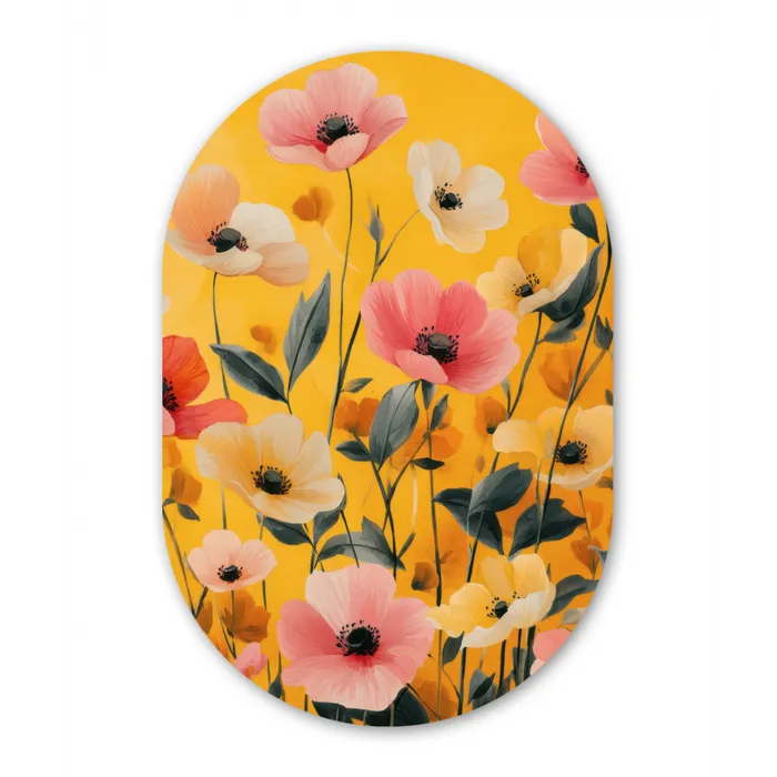 Bloemen - Veld - Geel Wandcirkel Ovaal Glas middel -3d
