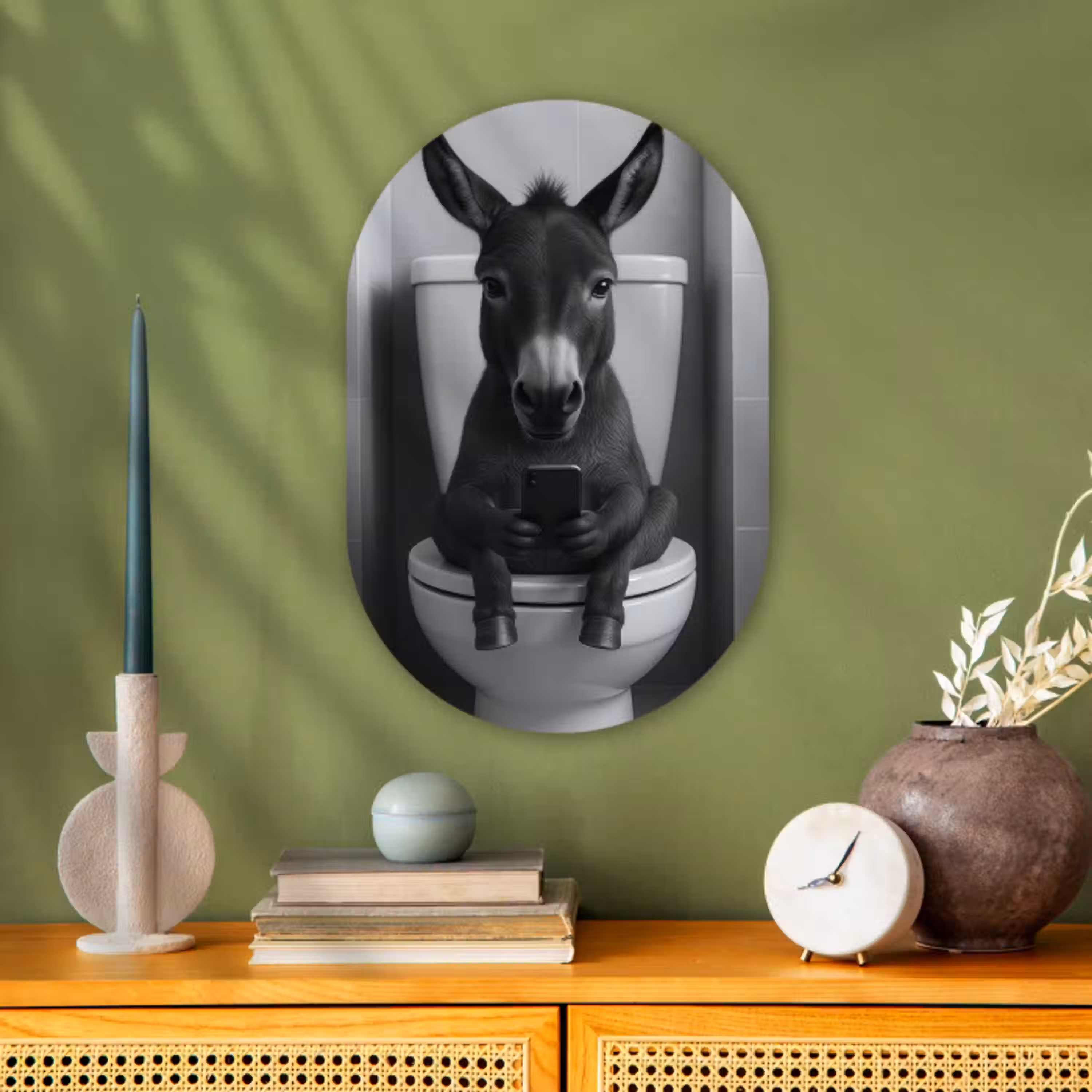 Ezel - Telefoon - Toilet - Zwart - Wit Wandcirkel Ovaal Forex klein -sfeer2