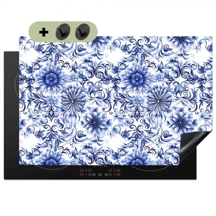 Bloemen - Blauw - Patroon - Wit Inductie beschemer met haakjes klein 777 -3d