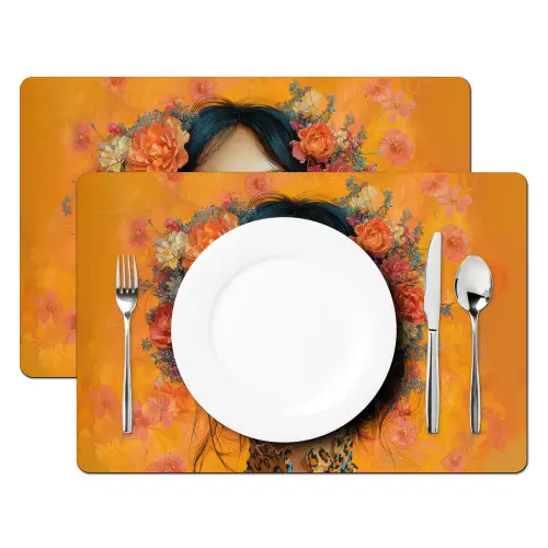 Vrouw - Bloemen - Aesthetic - Oranje Placemat vinyl groot -zzsfeer2_Kitchenyeah-website