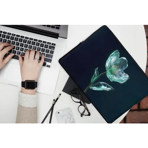 Bladeren - Bloem - Glazen - Donkerblauw laptophoes neopreen klein -bureau