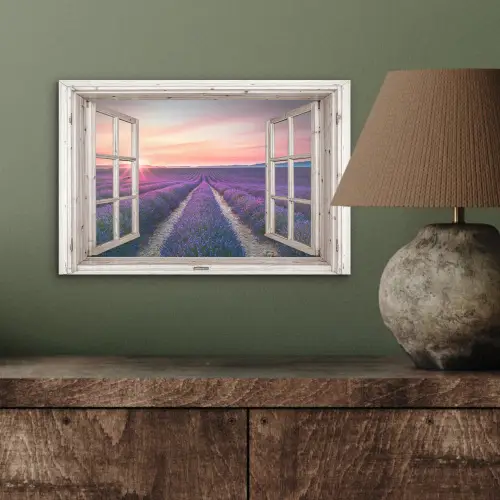 Doorkijk - Lavendel - Bloemen - Hout - Zonsondergang - Paars aluminium wit klein -sfeer2