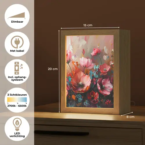 Klaprozen - Roze - Bloemen - Botanisch - Kunst Light Box met kabel (Tafellamp) klein -USP_NL