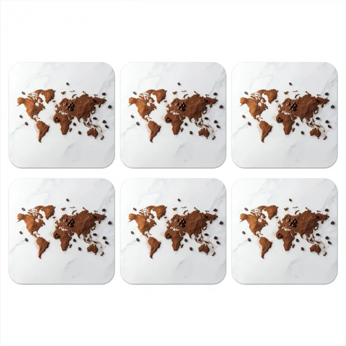 Wereldkaart - Koffie - Marmer onderzetter kurk middel -3d