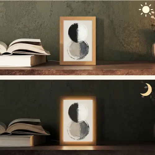 Cirkels - Strepen - Minimalistisch - Zwart Light Box met kabel (Tafellamp) klein -sfeer3