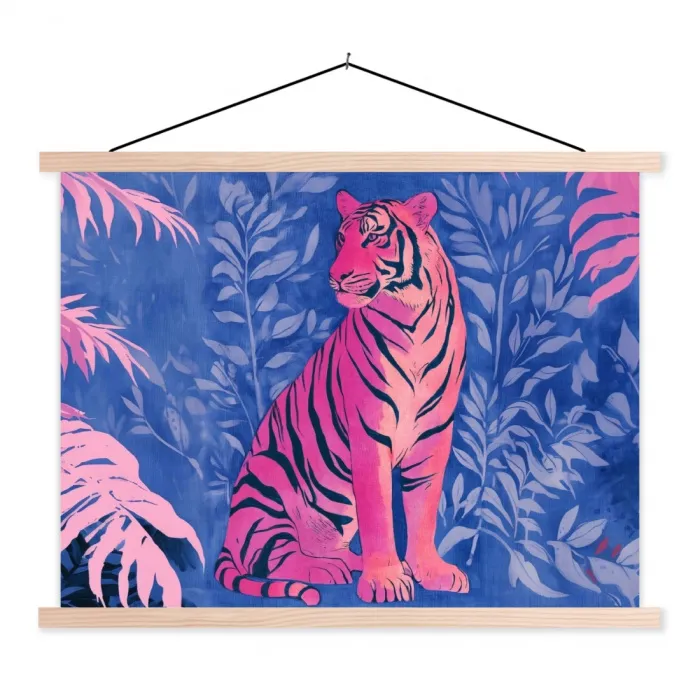 Tijger - Roze - Bladeren - Jungle textielposter latten blank klein -3d