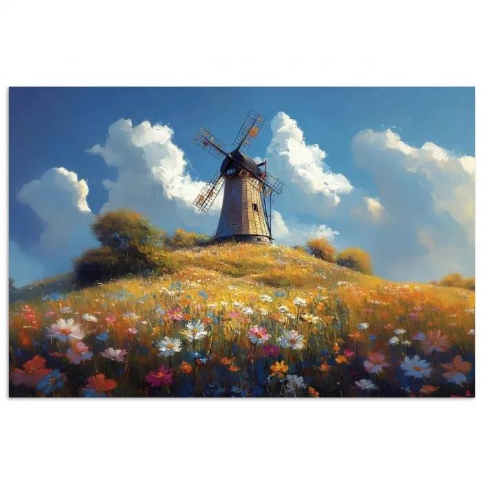 Windmolen - Heuvel - Bloemen - Kleurrijk poster papier klein -3d