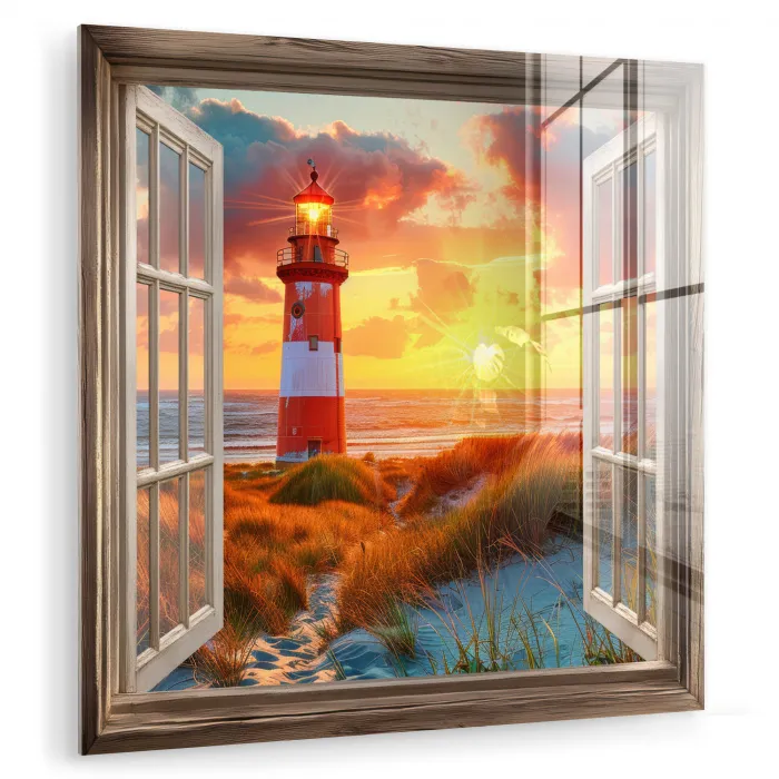 Doorkijk - Raam - Vuurtoren - Zonsondergang - Strand plexiglas 5mm klein -zzzproduct_nieuw