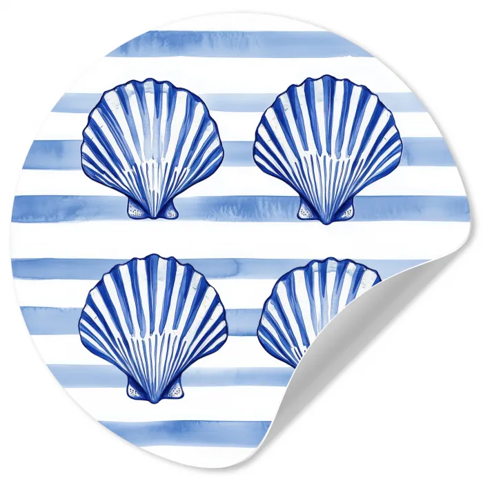 Vier schelpen - Blauw - Wit - Strepen Wandcirkel behangsticker klein -3d