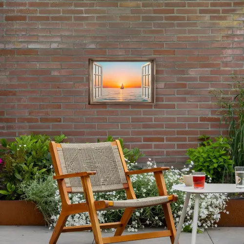 Doorkijk - Zee - Boot - Zonsondergang Tuinposter op houten frame 2 cm dik klein -sfeer3