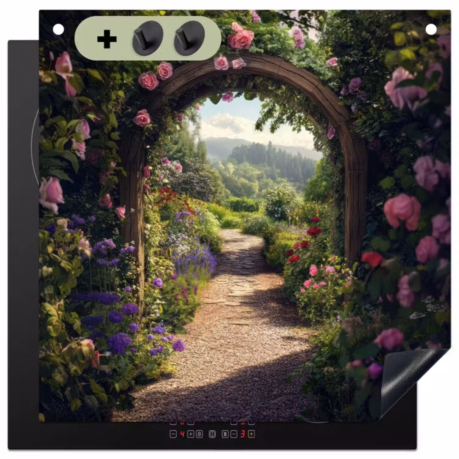 Inductie beschermer en spatscherm (2in1) - Doorkijk - Landschap - Bloemen - Rozenboog - Natuur