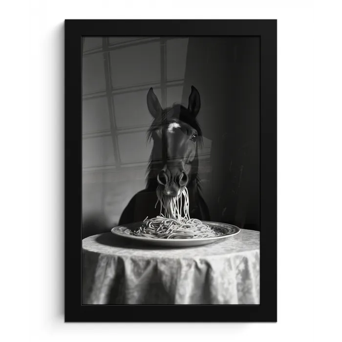 Paard - Bord - Pasta - Tafelkleed - Zwart Wit - Dieren fotolijst zwart zonder passe partout klein -3d