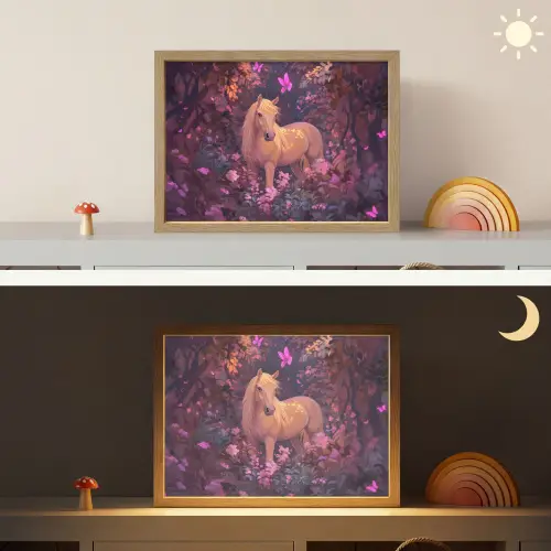 Paard - Bloemen - Paars - Vlinder Light Box met batterij (Wandlamp kind) middel -sfeer3_kind