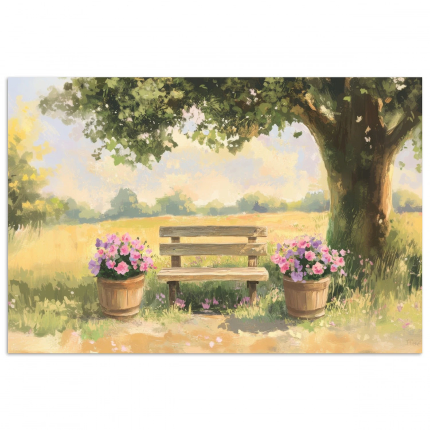 Houten bankje - Bloempotten - Landschap poster papier klein -3d