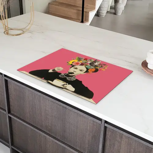 Meisje - Kopje - Bloemen - Roze Inductie beschermer vinyl 3mm klein -sfeer8