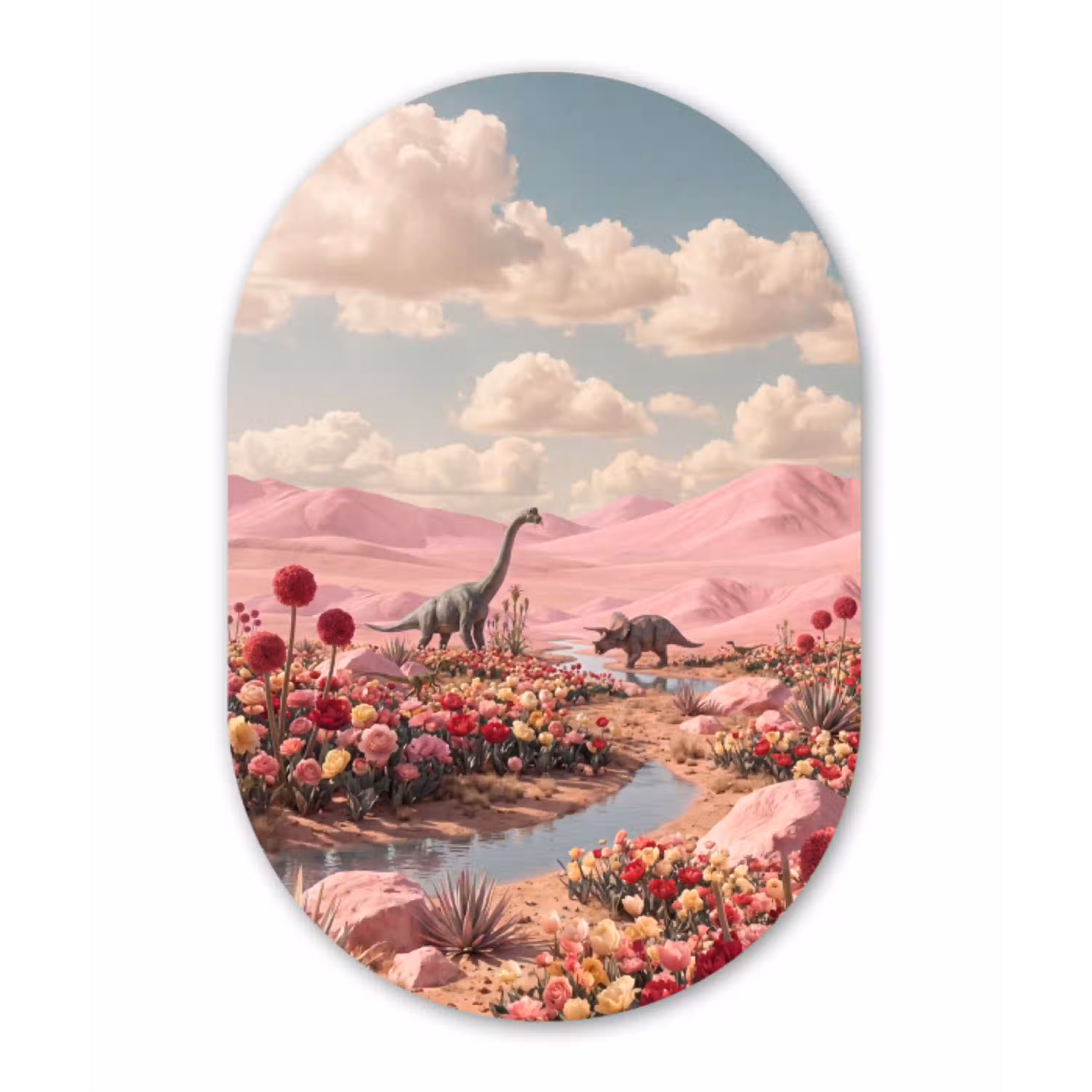 Dinosaurus - Roze - Landschap Wandcirkel Ovaal Glas middel -3d
