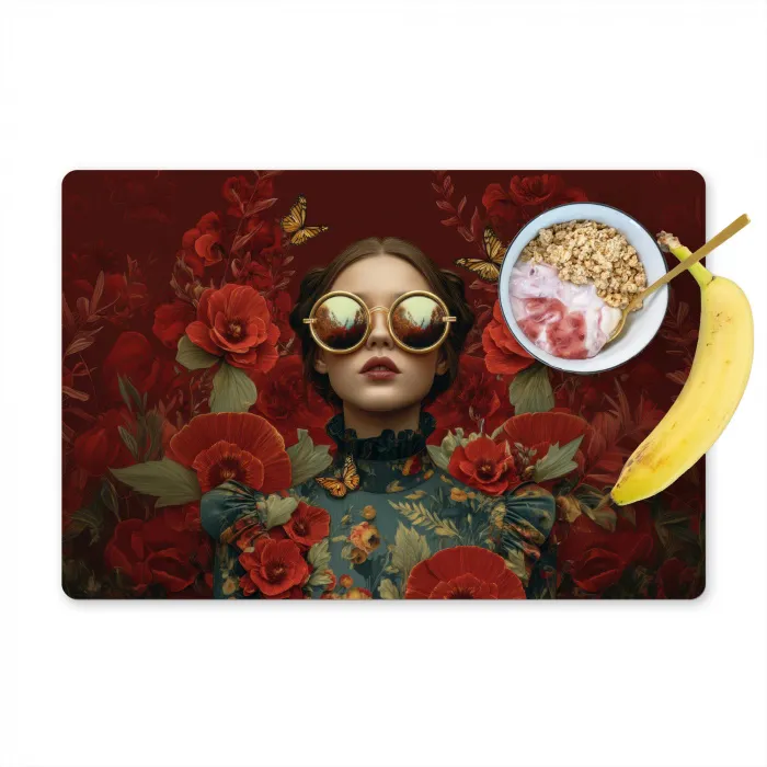 Bloemen - Dieprood - Zonnebril - Vrouw Placemat vinyl groot -zzzproduct_Kitchenyeah-website