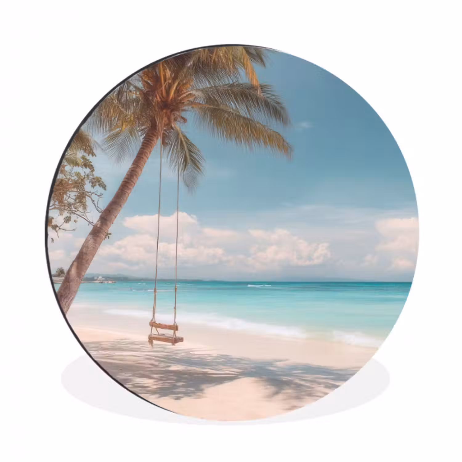 Alu-Dibond-Bild Rund - Palme - Schaukel - Strand - Himmel